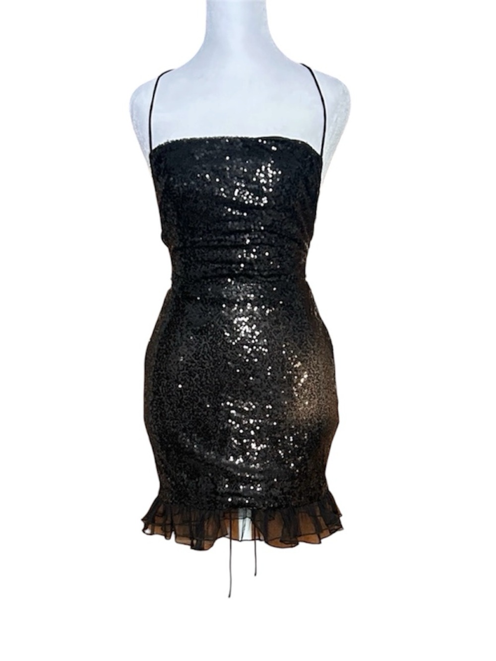 Lucy In The Sky Sequin Ruffle Dress Alma Black Small Mini Bodycon HOCO Party